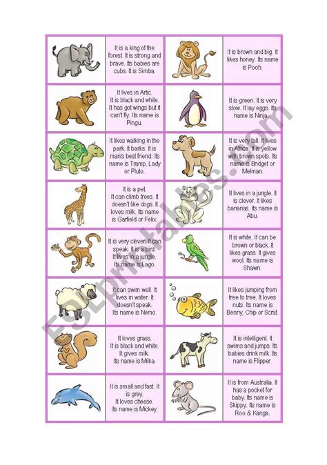 Animal Description Dominoes (32 CARDS! + EXTRA RULES – 4 pages) – A1-2 Level